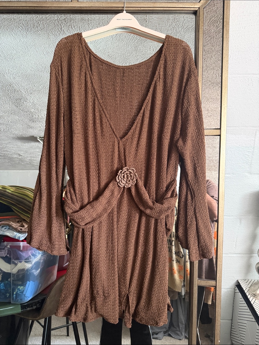 Brown Textured V-Neck Women's Dress for the pool or anything with Rosette Detail